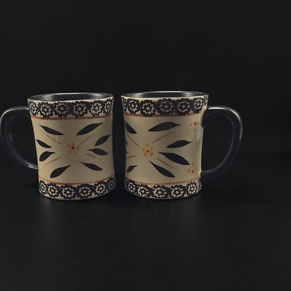 Vintage Temp-tations Set of 2 Ceramic Coffee Mugs Old World Black Floral MW/DW